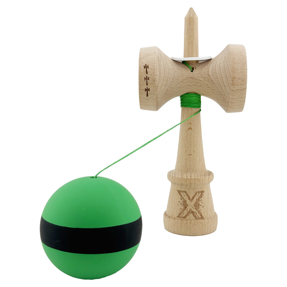Kendama X Originala, Profesionala, Vivimall, Cupe Mari KING SIZE V3, Rubber Grip, Gaura in Baza, Rulment Metalic, din lemn 18 cm, Ata 55 cm, M Bicolor Verde Dublu/Negru - vivimall.ro