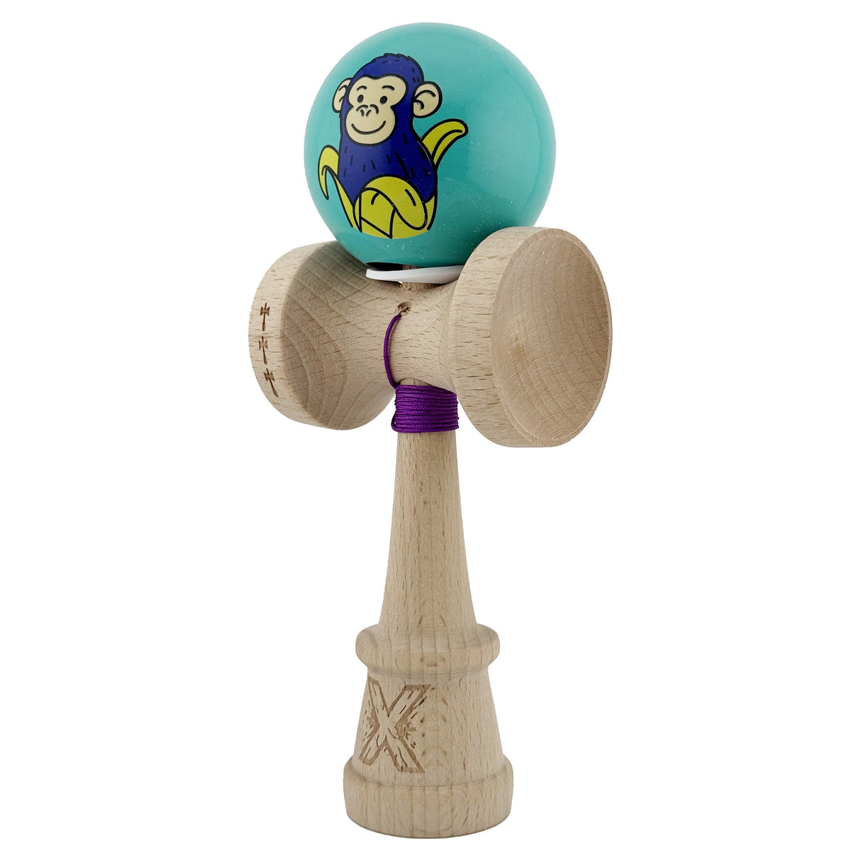 Kendama X Originala, Profesionala, Vivimall, Blue Monkey, Super Sticky cu Cupe Mari King Size V3, Rulment Metalic si Gaura in Baza, din Lemn 18 cm, Ata 55 cm, Turcoaz - vivimall.ro