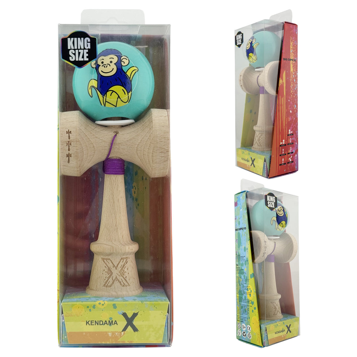 Kendama X Originala, Profesionala, Vivimall, Blue Monkey, Super Sticky cu Cupe Mari King Size V3, Rulment Metalic si Gaura in Baza, din Lemn 18 cm, Ata 55 cm, Turcoaz - vivimall.ro