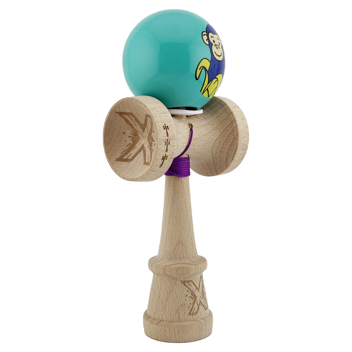 Kendama X Originala, Profesionala, Vivimall, Blue Monkey, Super Sticky cu Cupe Mari King Size V3, Rulment Metalic si Gaura in Baza, din Lemn 18 cm, Ata 55 cm, Turcoaz - vivimall.ro