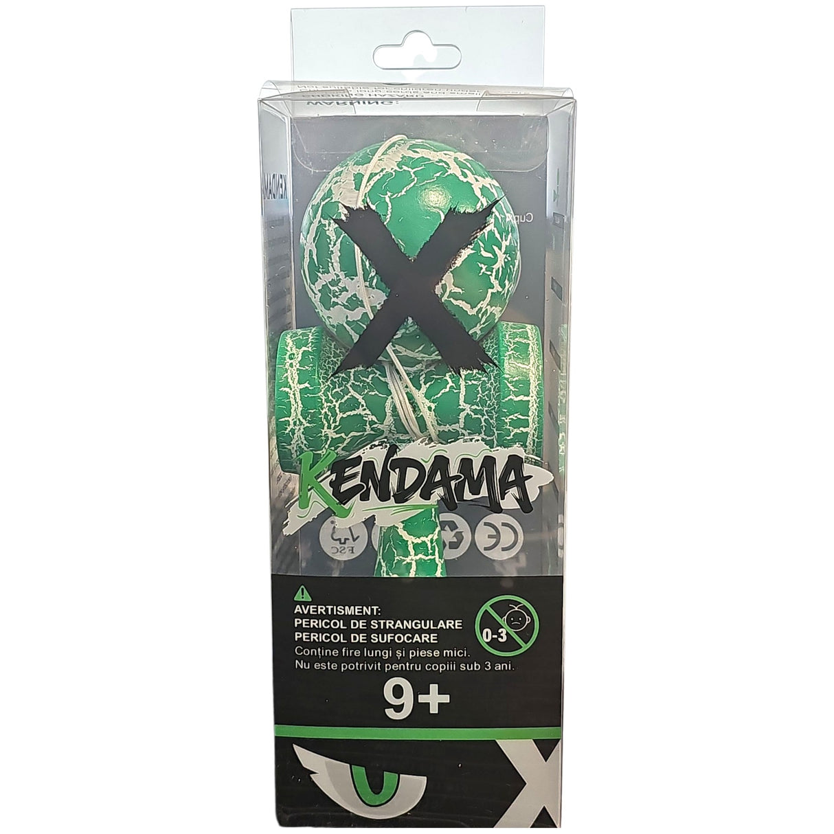Kendama X Originala, Profesionala, Vivimall, Cracked, din Lemn, 18 cm, Verde/Alb - vivimall.ro