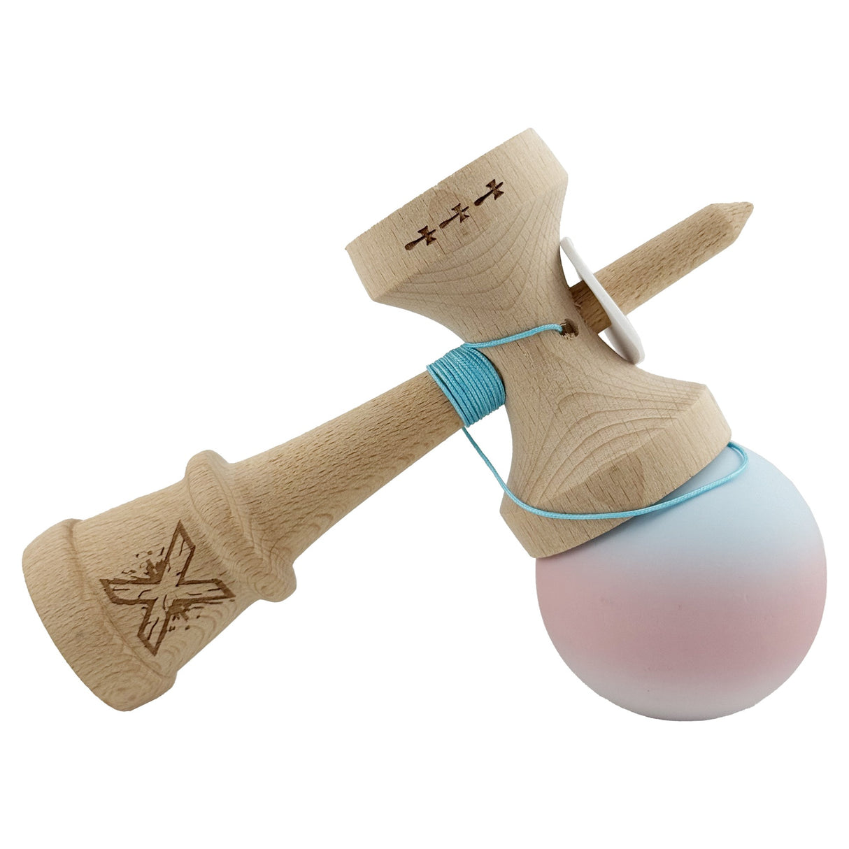 Kendama X Originala, Profesionala, Vivimall, Cupe Mari KING SIZE V3, Rubber Grip, Gaura in Baza, Rulment Metalic, din lemn 18 cm, Ata 55 cm, Gradient Albastru deschis/Roz/Alb - vivimall.ro