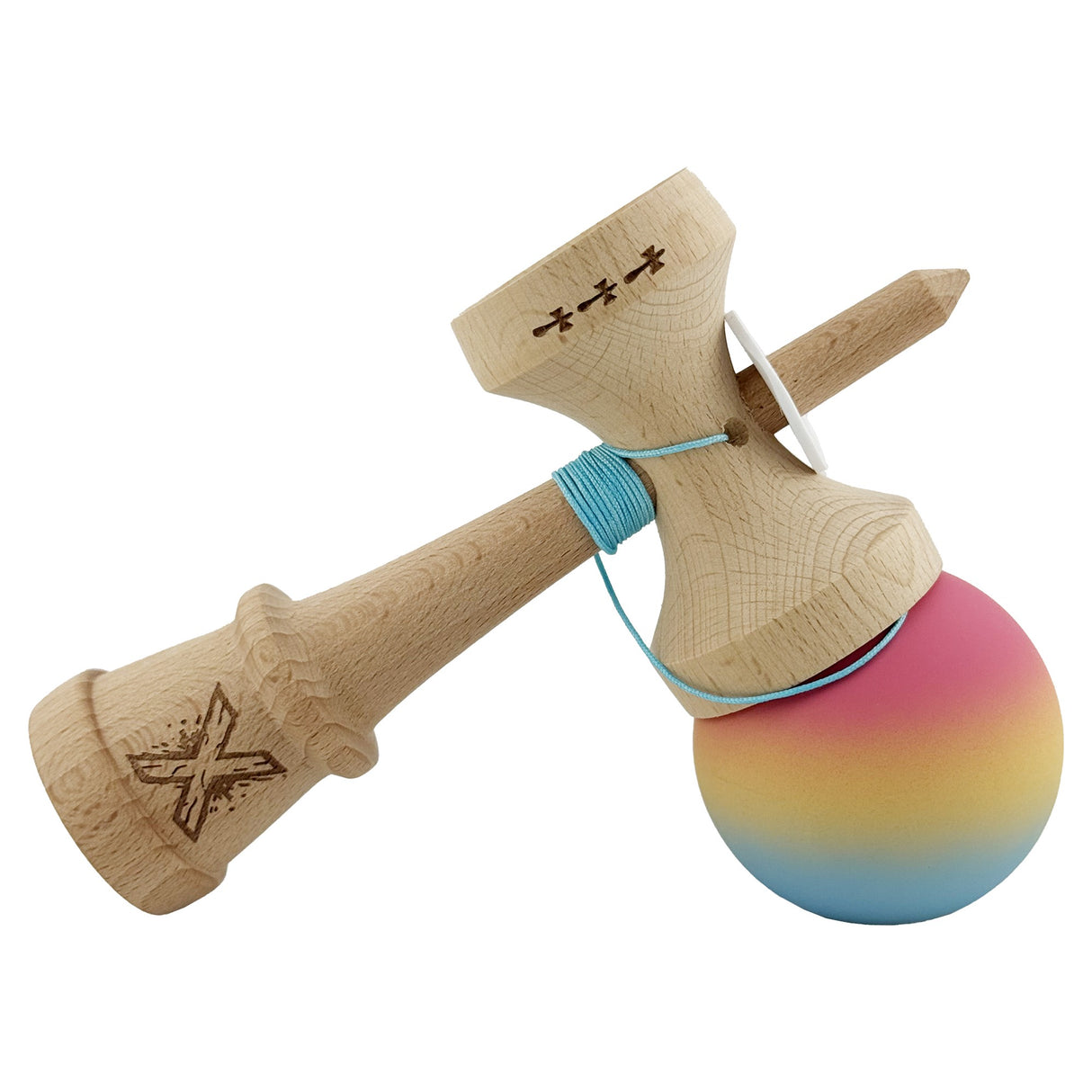 Kendama X Originala, Profesionala, Vivimall, Cupe Mari KING SIZE V3, Rubber Grip, Gaura in Baza, Rulment Metalic, din lemn 18 cm, Ata 55 cm, Gradient Roz/Galben/Albastru deschis - vivimall.ro