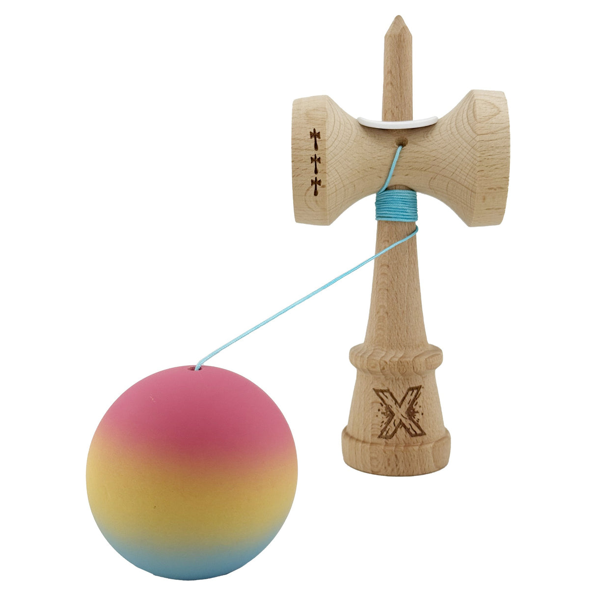 Kendama X Originala, Profesionala, Vivimall, Cupe Mari KING SIZE V3, Rubber Grip, Gaura in Baza, Rulment Metalic, din lemn 18 cm, Ata 55 cm, Gradient Roz/Galben/Albastru deschis - vivimall.ro