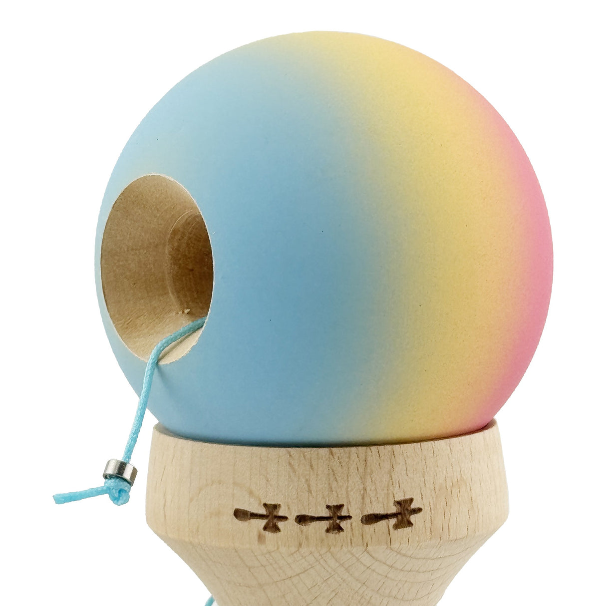 Kendama X Originala, Profesionala, Vivimall, Cupe Mari KING SIZE V3, Rubber Grip, Gaura in Baza, Rulment Metalic, din lemn 18 cm, Ata 55 cm, Gradient Roz/Galben/Albastru deschis - vivimall.ro