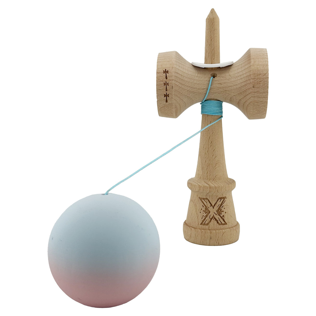 Kendama X Originala, Profesionala, Vivimall, Cupe Mari KING SIZE V3, Rubber Grip, Gaura in Baza, Rulment Metalic, din lemn 18 cm, Ata 55 cm, Gradient Albastru deschis/Roz - vivimall.ro