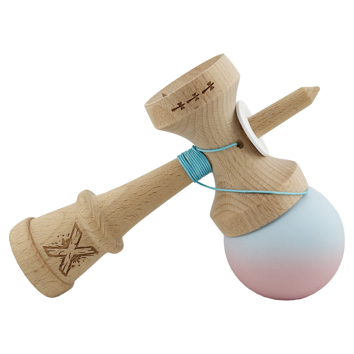 Kendama X Originala, Profesionala, Vivimall, Cupe Mari KING SIZE V3, Rubber Grip, Gaura in Baza, Rulment Metalic, din lemn 18 cm, Ata 55 cm, Gradient Albastru deschis/Roz - vivimall.ro