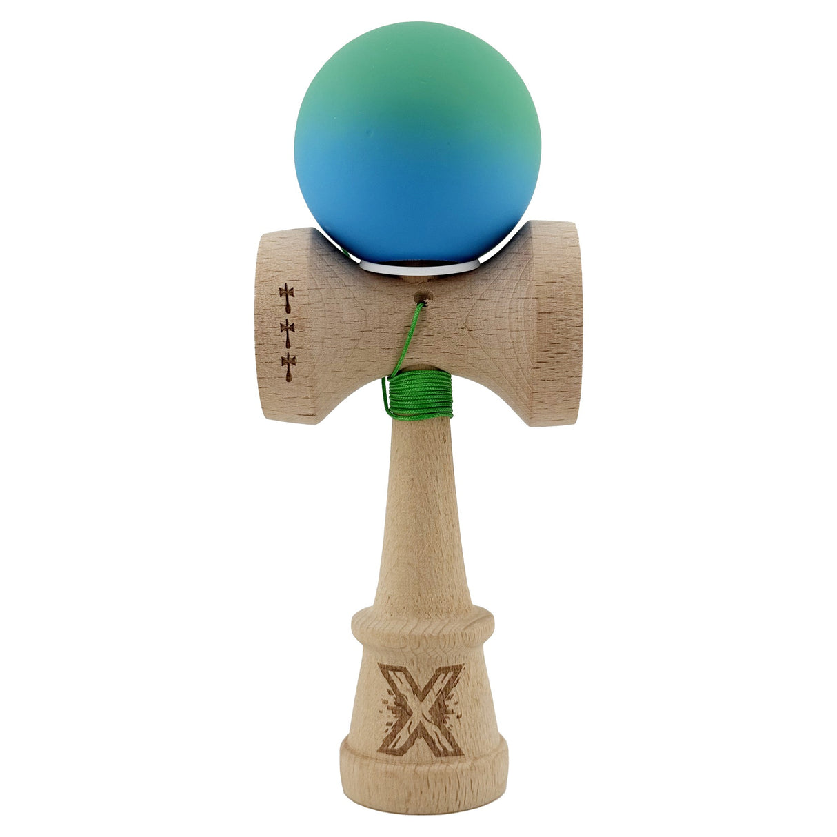 Kendama X Originala, Profesionala, Vivimall, Cupe Mari KING SIZE V3, Rubber Grip, Gaura in Baza, Rulment Metalic, din lemn 18 cm, Ata 55 cm, Gradient Verde/Albastru - vivimall.ro