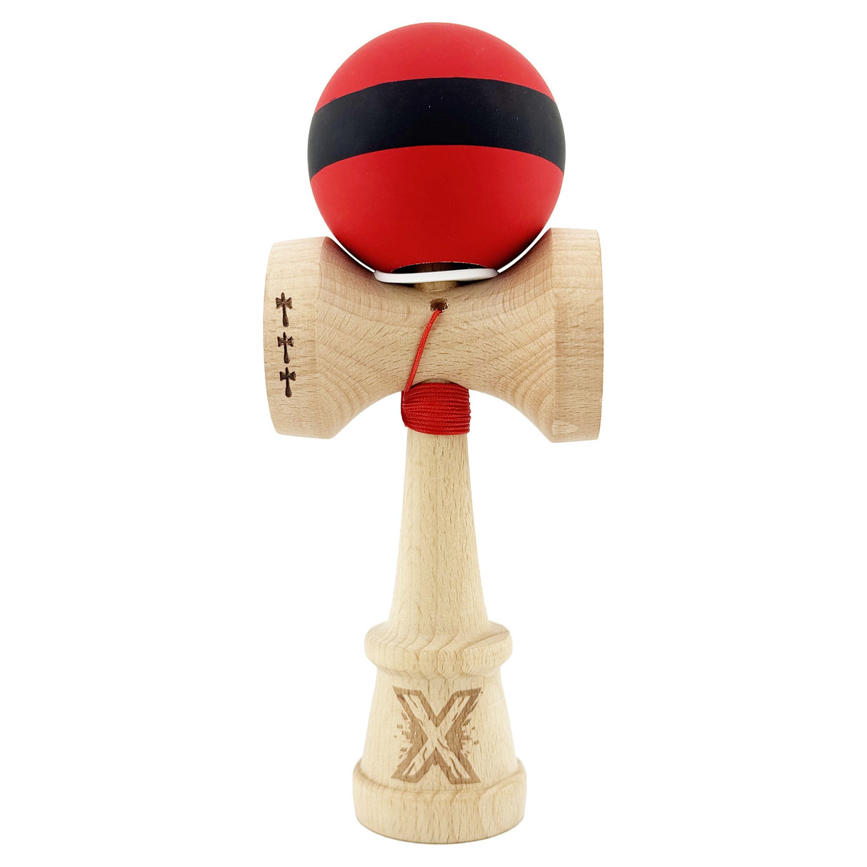Kendama X Originala, Profesionala, Vivimall, Cupe Mari KING SIZE V3, Rubber Grip, Gaura in Baza, Rulment Metalic, din lemn 18 cm, Ata 55 cm, M Bicolor Rosu Dublu/Negru - vivimall.ro