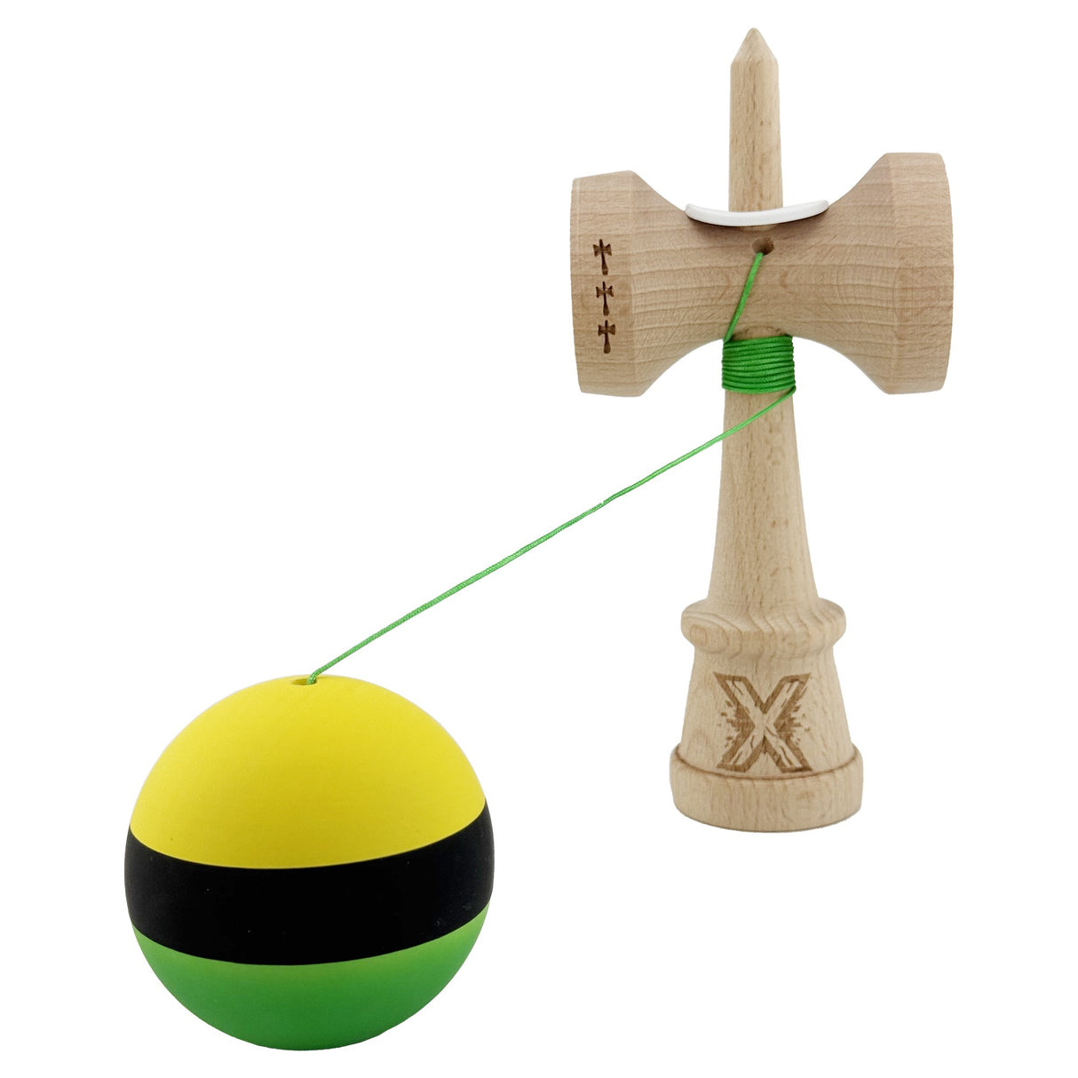 Kendama X Originala, Profesionala, Vivimall, Big Cups V3, Rubber Grip model galben/negru/verde - vivimall.ro