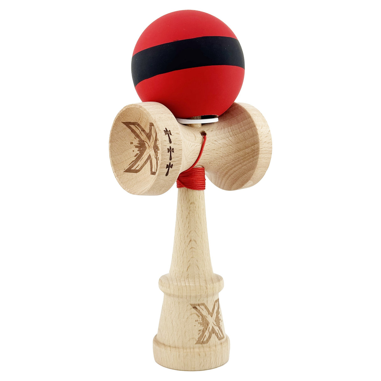 Kendama X Originala, Profesionala, Vivimall, Cupe Mari KING SIZE V3, Rubber Grip, Gaura in Baza, Rulment Metalic, din lemn 18 cm, Ata 55 cm, M Bicolor Rosu Dublu/Negru - vivimall.ro