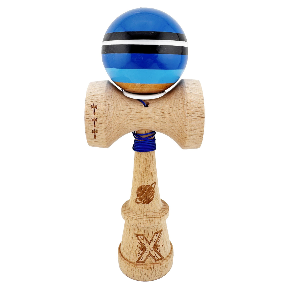Kendama X Originala, Profesionala, Vivimall, SATURN Blue Planet, Super Sticky cu Cupe Mari KING SIZE V3, Gaura in Baza, Rulment Metalic, din lemn 18 cm, Ata 62/65 cm, Albastru - vivimall.ro