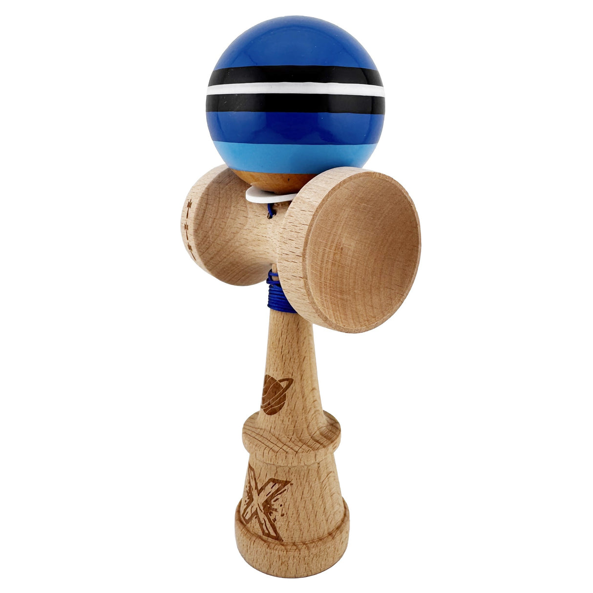 Kendama X Originala, Profesionala, Vivimall, SATURN Blue Planet, Super Sticky cu Cupe Mari KING SIZE V3, Gaura in Baza, Rulment Metalic, din lemn 18 cm, Ata 62/65 cm, Albastru - vivimall.ro