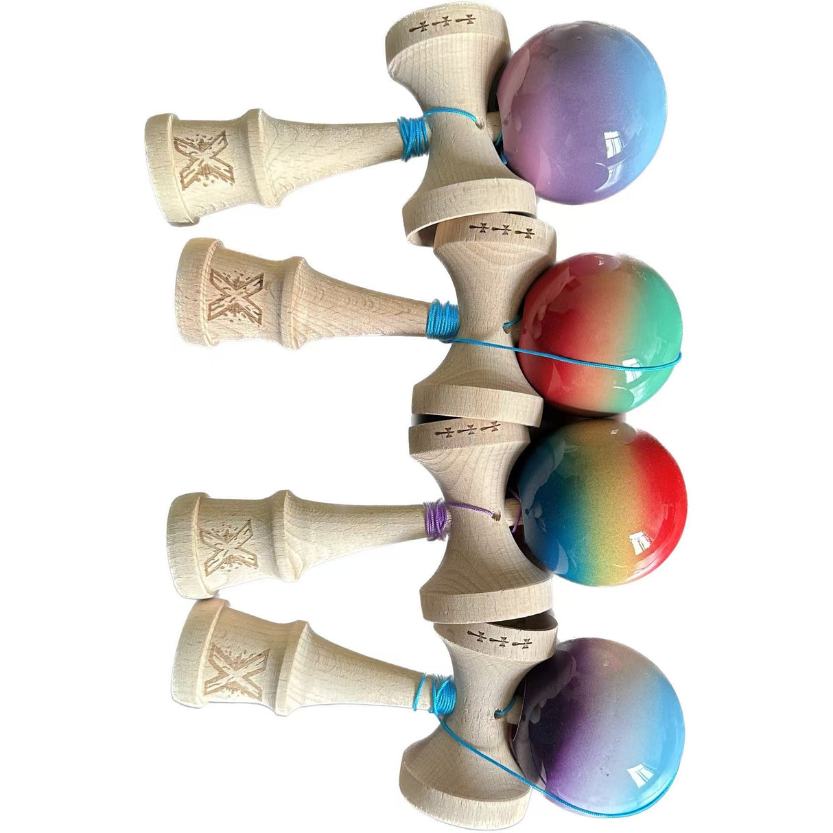 Kendama profesională din lemn 18 cm, bile mari, mâner larg, culori gradient MIX, vedere frontală