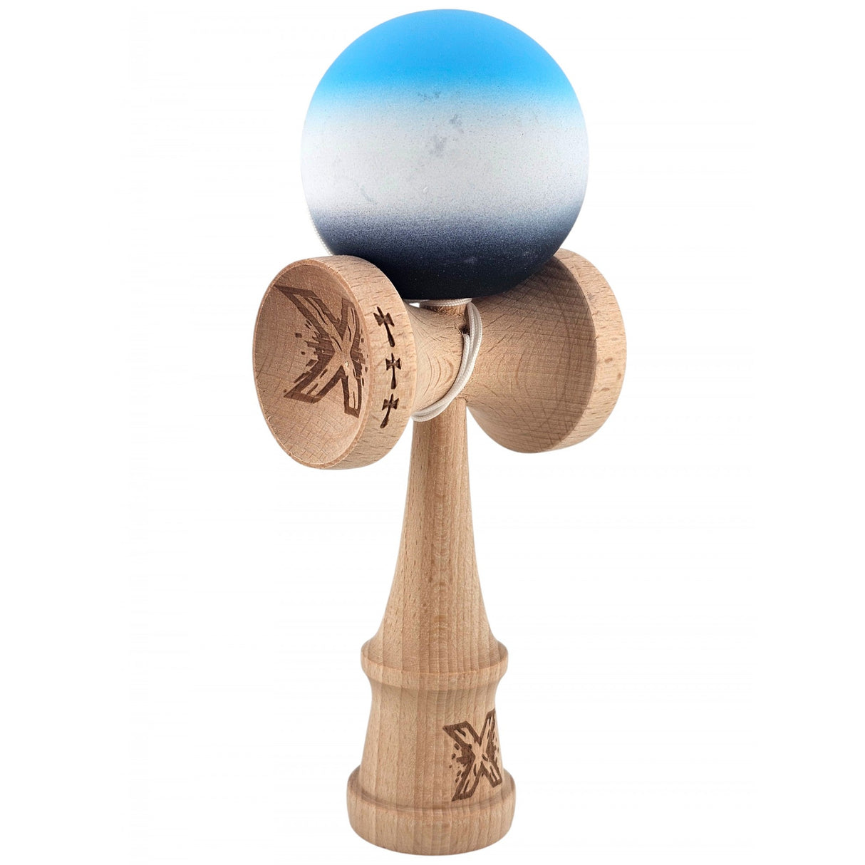Kendama X Originala, Profesionala, Flippy, Big Cups V2, Rubber Grip cu Cupe Mari, Rulment Metalic cu Ata 55 cm, Gradient Albastru/Alb/Negru - vivimall.ro
