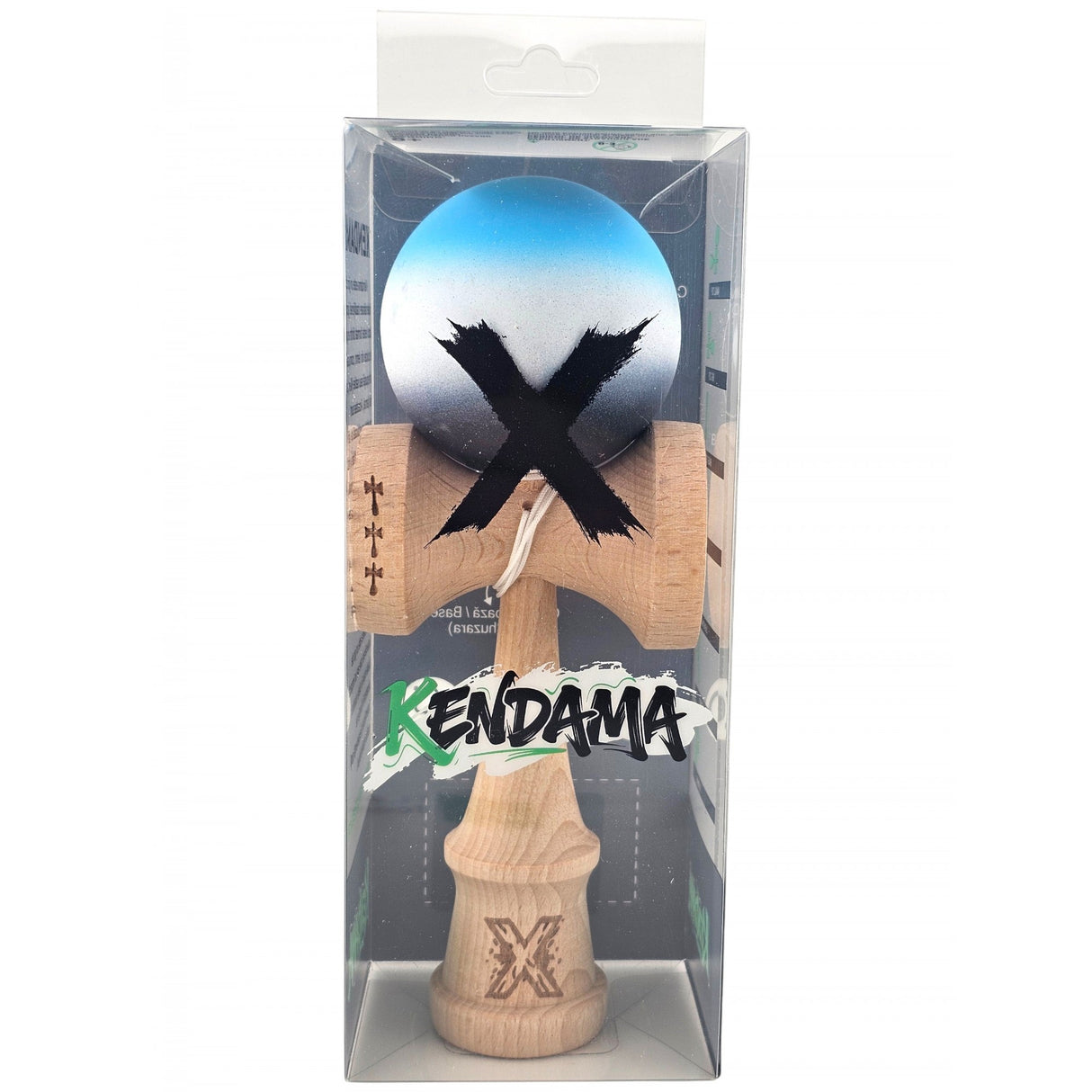Kendama X Originala, Profesionala, Flippy, Big Cups V2, Rubber Grip cu Cupe Mari, Rulment Metalic cu Ata 55 cm, Gradient Albastru/Alb/Negru - vivimall.ro