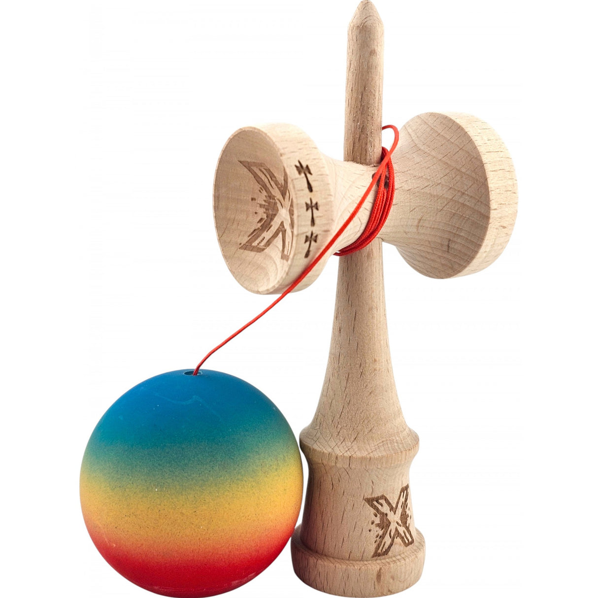 Kendama X Originala, Profesionala, Flippy, Big Cups V2, Rubber Grip cu Cupe Mari, Rulment Metalic cu Ata 55 cm,-Gradient Albastru/Galben/Rosu - vivimall.ro