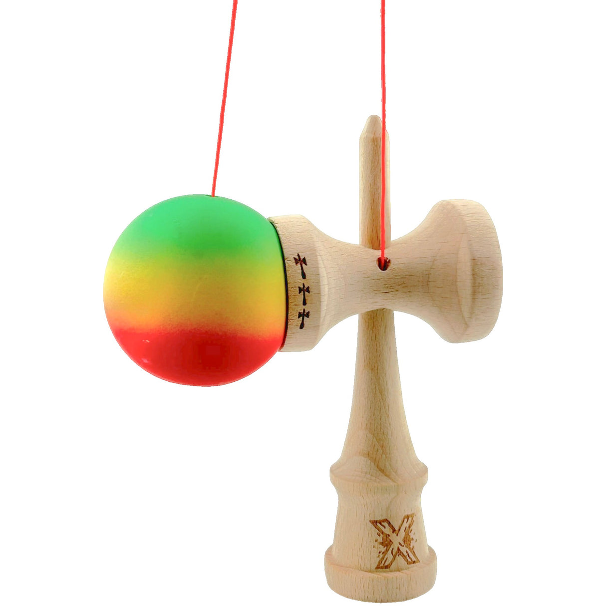 Kendama X Originala, Profesionala, Flippy, Big Cups V2, Rubber Grip cu Cupe Mari, Rulment Metalic cu Ata 55 cm, Verde/Galben/Rosu - vivimall.ro