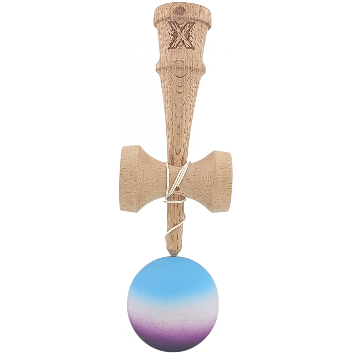 Kendama X Originala, Profesionala, Flippy, din Lemn, Rubber Grip, 18 cm, Albastru/Alb/Violet