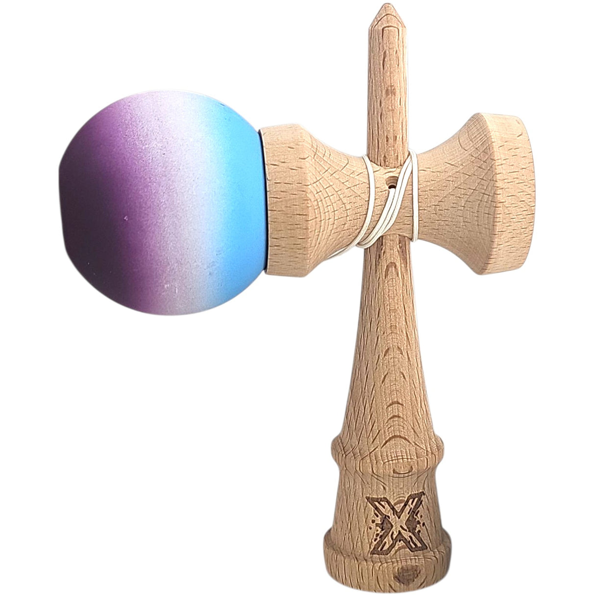 Kendama X Originala, Profesionala, Flippy, din Lemn, Rubber Grip, 18 cm, Albastru/Alb/Violet