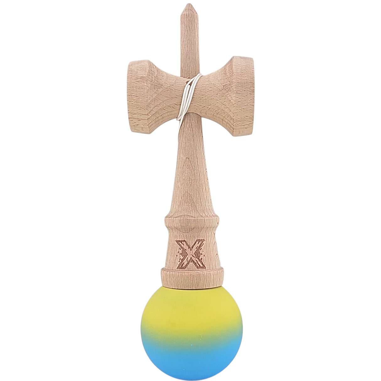 Kendama X Originala, Profesionala, Vivimall, 18 cm, Profesionala, +9 Ani, din Lemn, Gradient Galben/Albastru - vivimall.ro