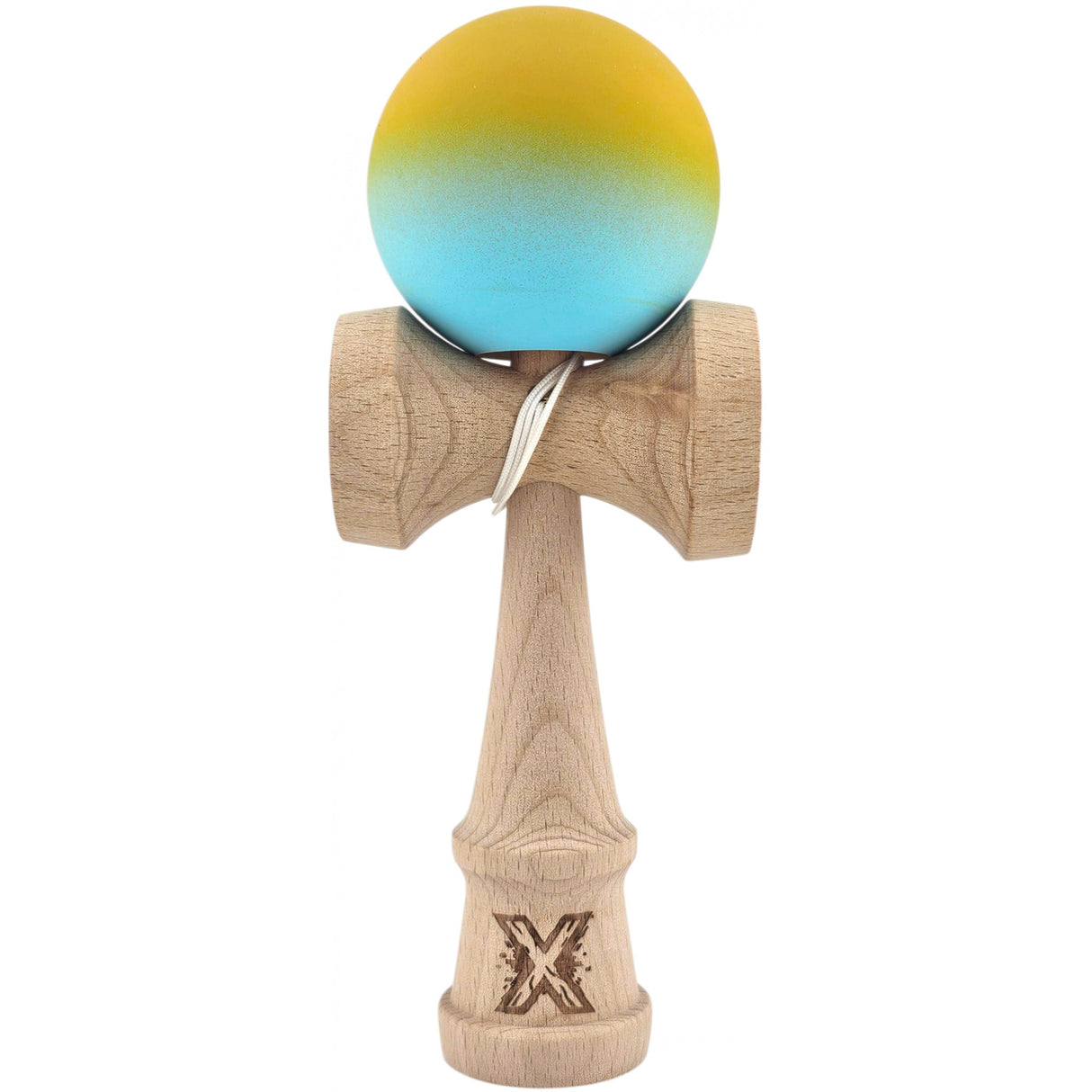 Kendama X Originala, Profesionala, Vivimall, din Lemn, Rubber Grip, 18 cm, Galben/Albastru - vivimall.ro