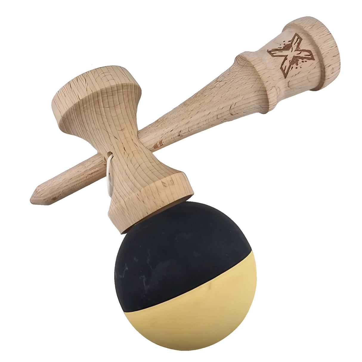Kendama X Originala, Profesionala, Vivimall, din Lemn, Rubber Grip, 18 cm, Galben/Negru - vivimall.ro