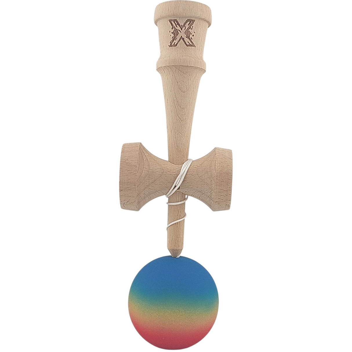Kendama X Originala, Profesionala, Flippy, din Lemn, Rubber Grip, 18 cm, Gradient Albastru/Galben/Rosu