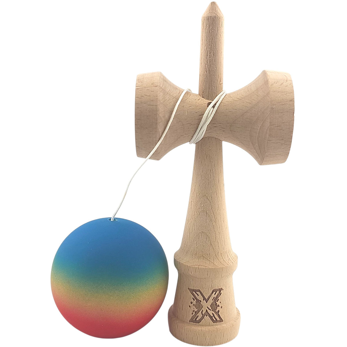 Kendama X Originala, Profesionala, Flippy, din Lemn, Rubber Grip, 18 cm, Gradient Albastru/Galben/Rosu