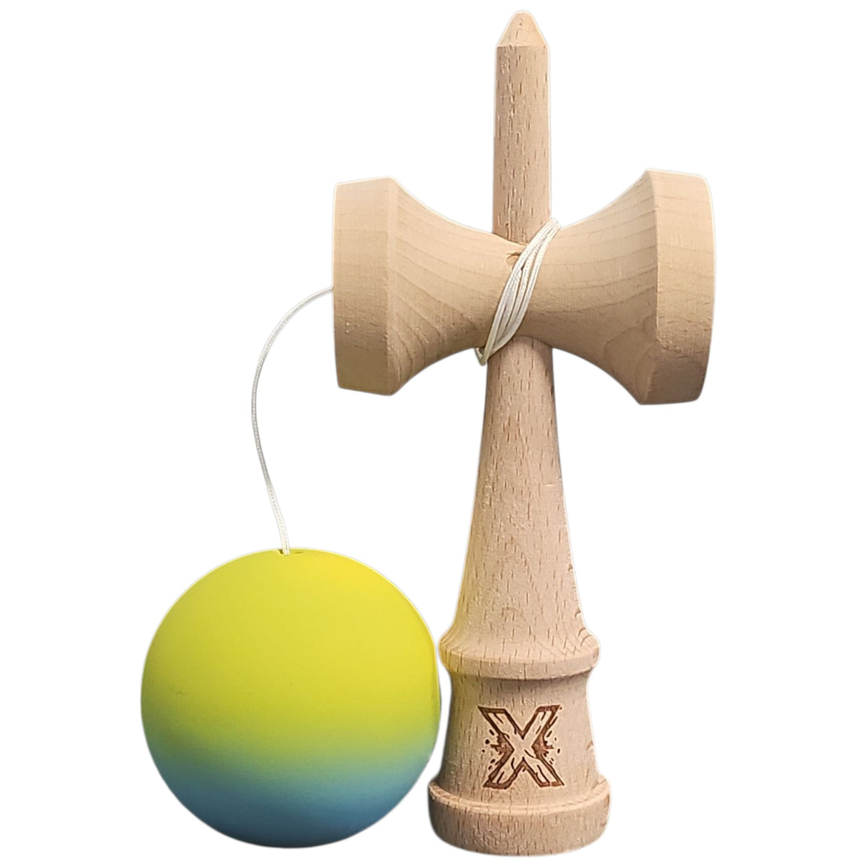 Kendama X Originala, Profesionala, Vivimall, din Lemn, Rubber Grip, 18 cm, Gradient Galben/Albastru/Verde - vivimall.ro