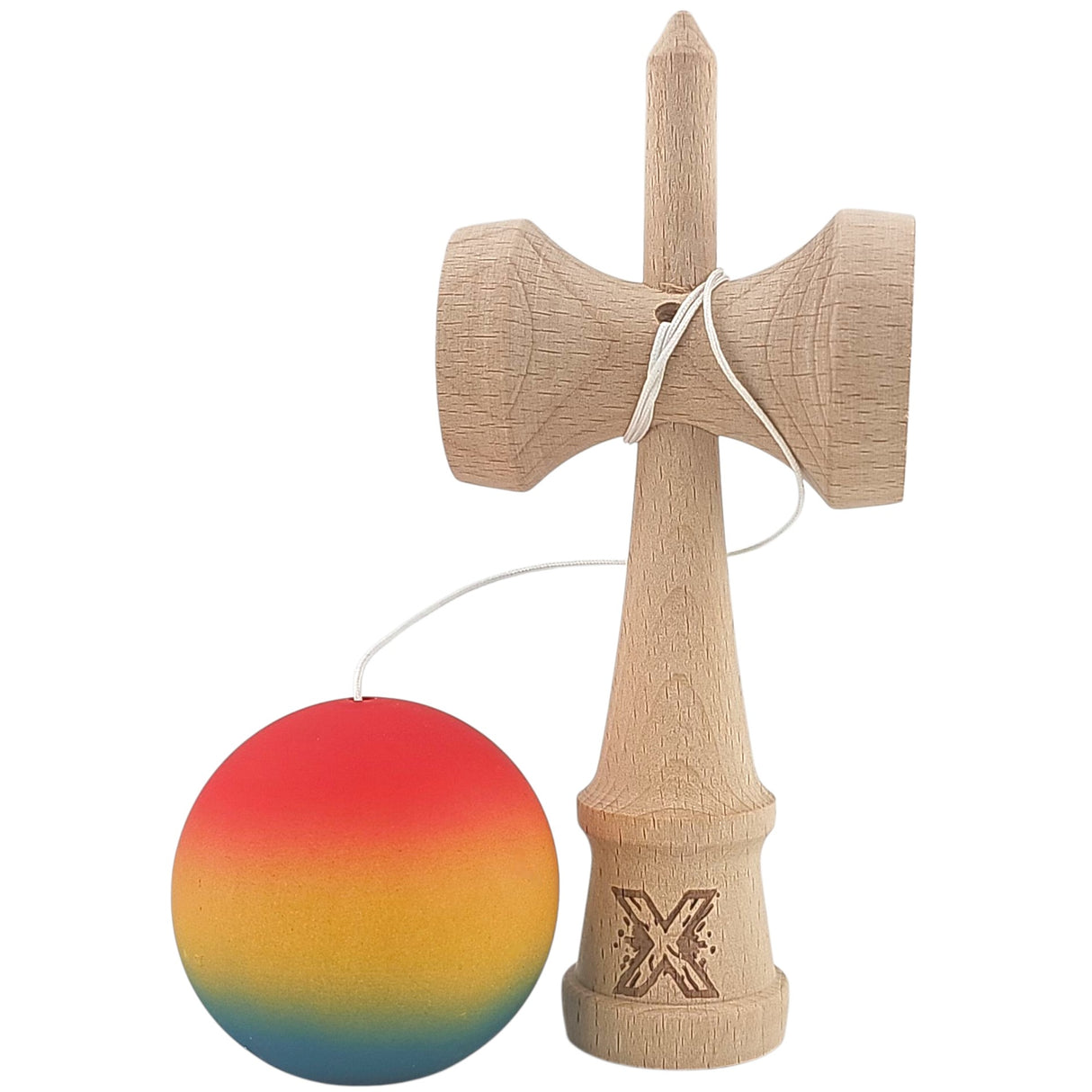 Kendama X Originala, Profesionala, Flippy, din Lemn, Rubber Grip, 18 cm,Rosu/Galben/Albastru