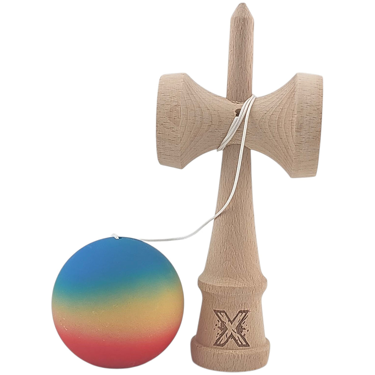 Kendama X Originala, Profesionala, Flippy, din Lemn, Rubber Grip, 18 cm, Rosu/Galben/Albastru