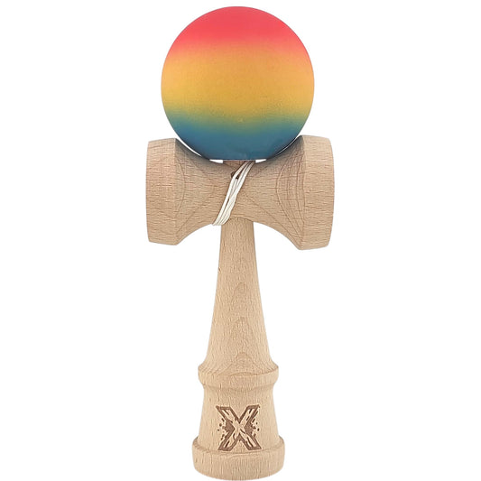 Kendama X Originala, Profesionala din Lemn, Rubber Grip, 18 cm,Rosu/Galben/Albastru - vivimall.ro