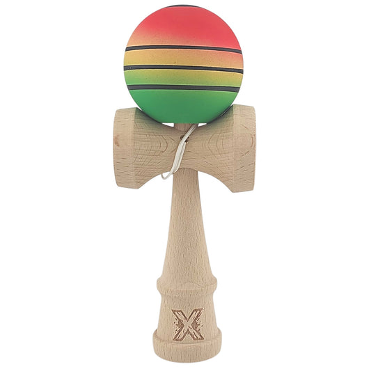 Kendama X Originala, Profesionala, Flippy, din Lemn, Rubber Grip, 18 cm, Rosu/Galben/Verde