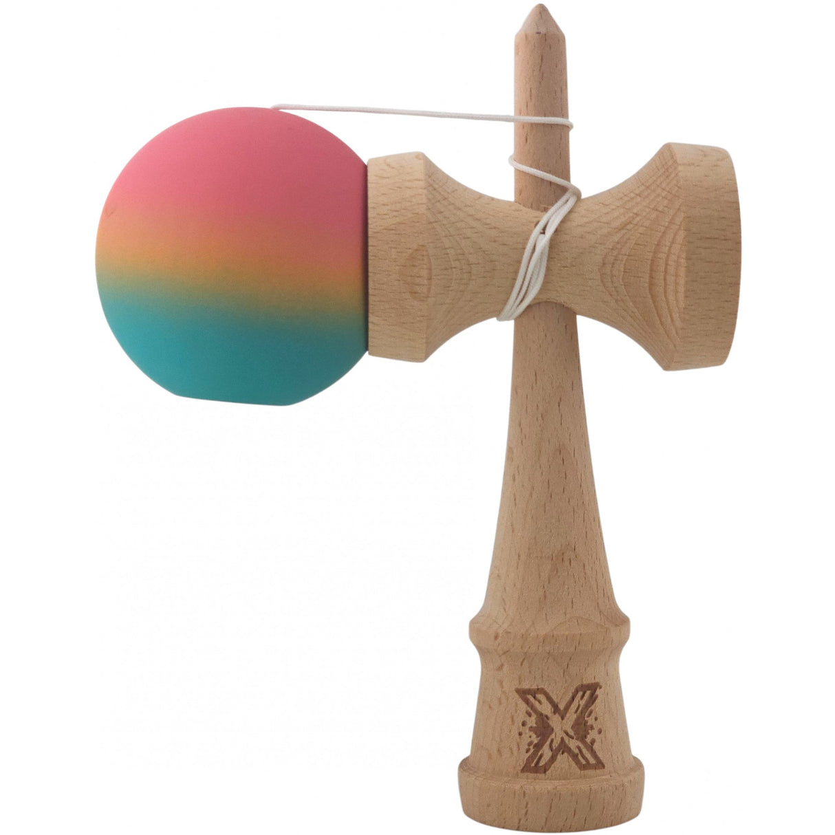 Kendama X Originala, Profesionala, Flippy, din Lemn, Rubber Grip, 18 cm, Roz/Galben/Albastru