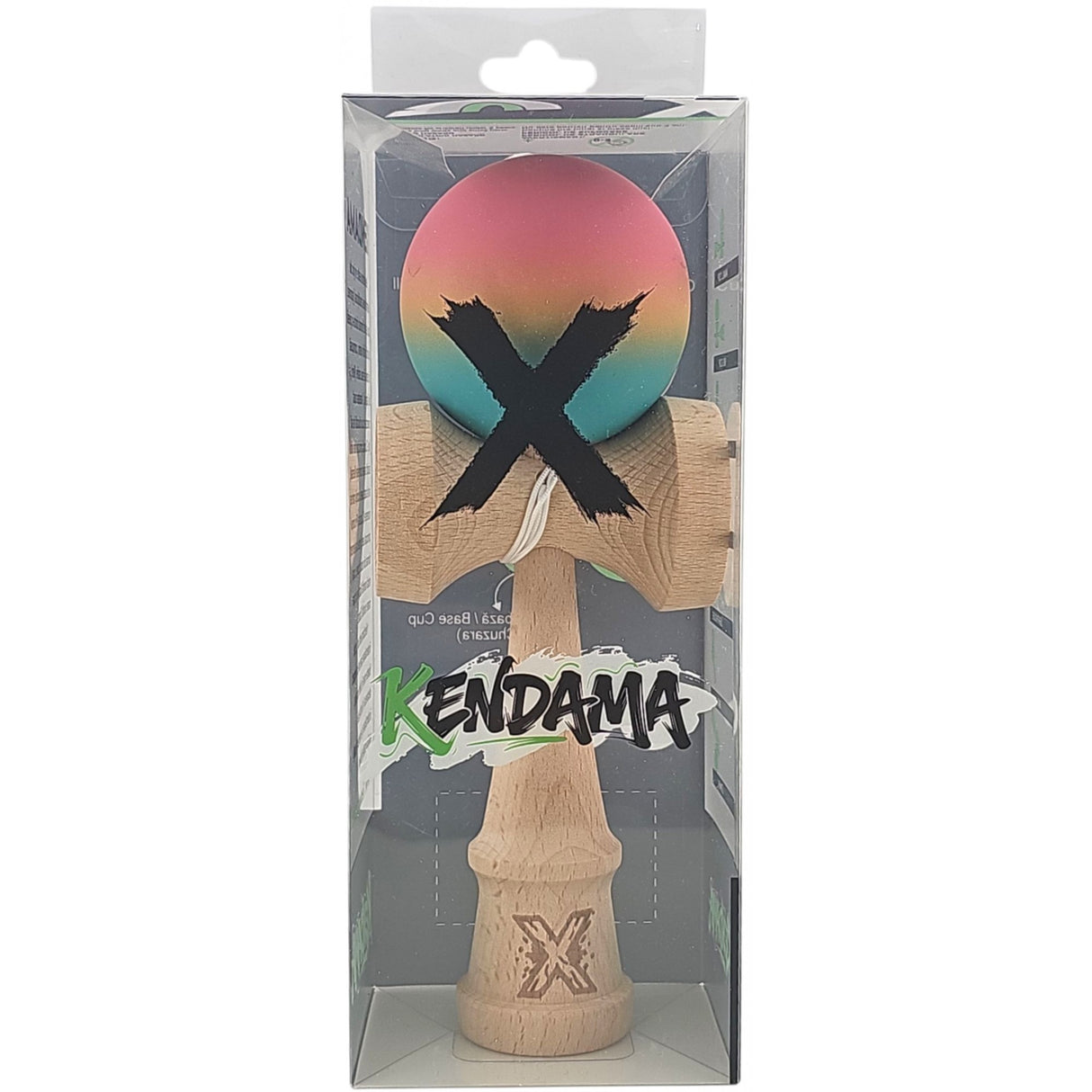 Kendama X Originala, Profesionala, Flippy, din Lemn, Rubber Grip, 18 cm, Roz/Galben/Albastru