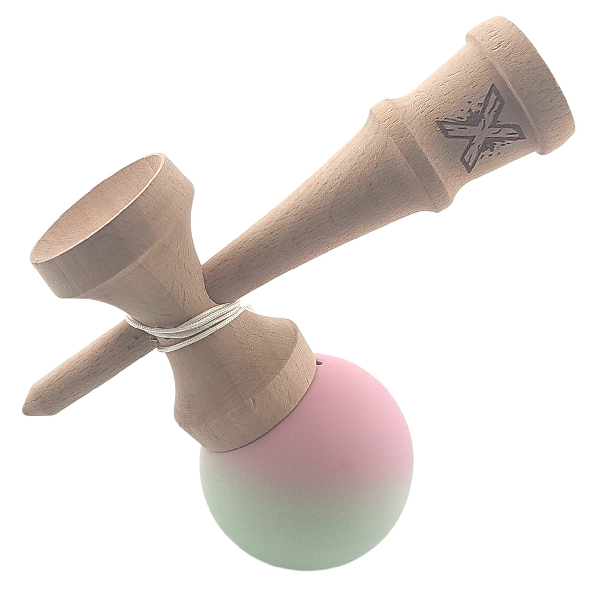 Kendama X Originala, Profesionala, Vivimall, din Lemn, Rubber Grip, 18 cm, Roz/Verde - vivimall.ro