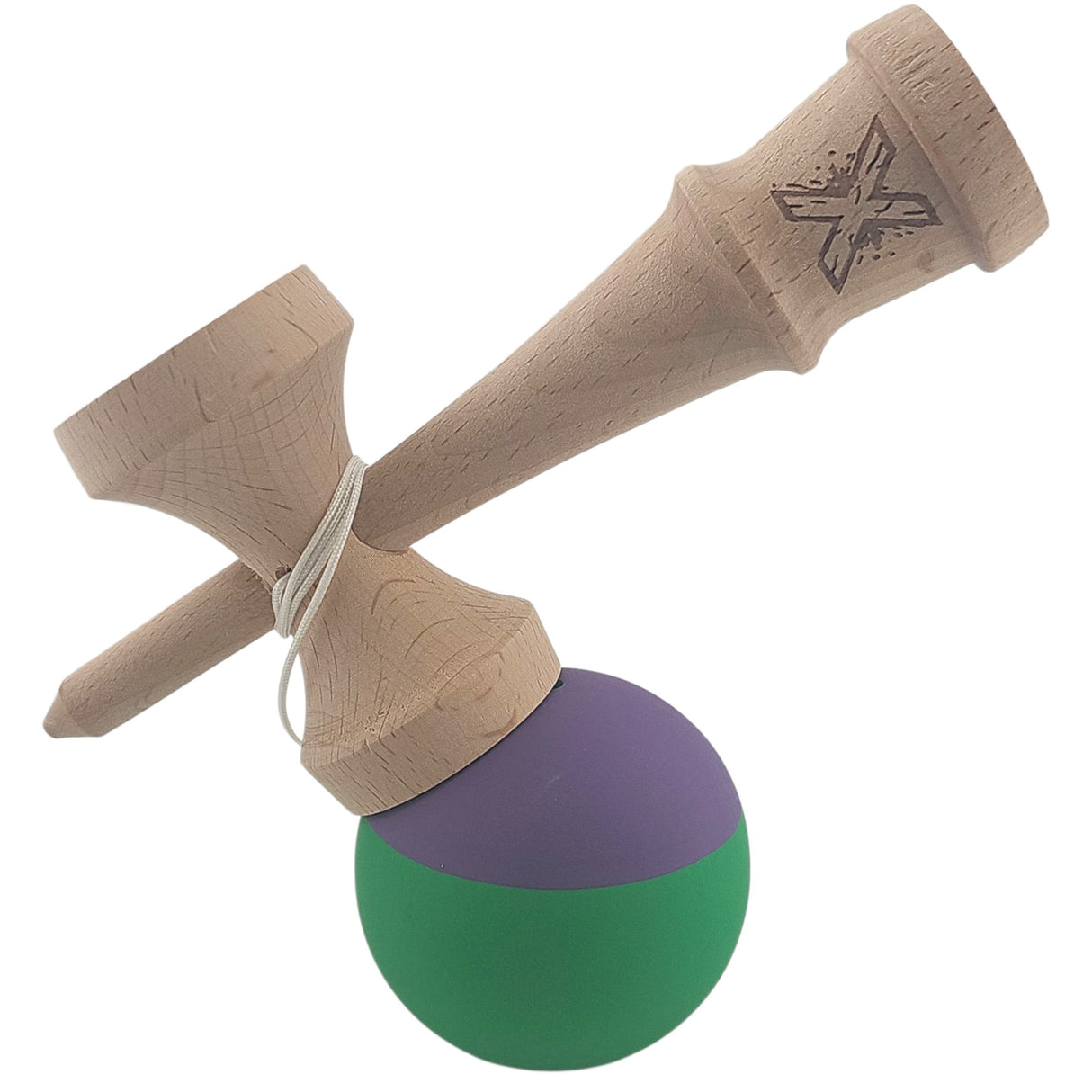 Kendama X Originala, Profesionala, Vivimall, din Lemn, Rubber Grip, 18 cm, Verde/Mov - vivimall.ro