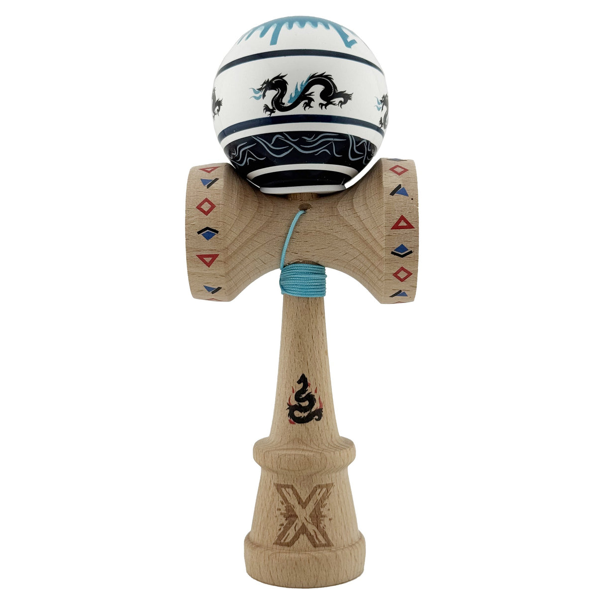 Kendama X Originala, Profesionala, Vivimall, DRAGON Series, Super Sticky cu Cupe Mari King Size V3, Rulment Metalic si Gaura in Baza, din Lemn 18 cm, Ata 55 cm, Albastru/Negru - vivimall.ro