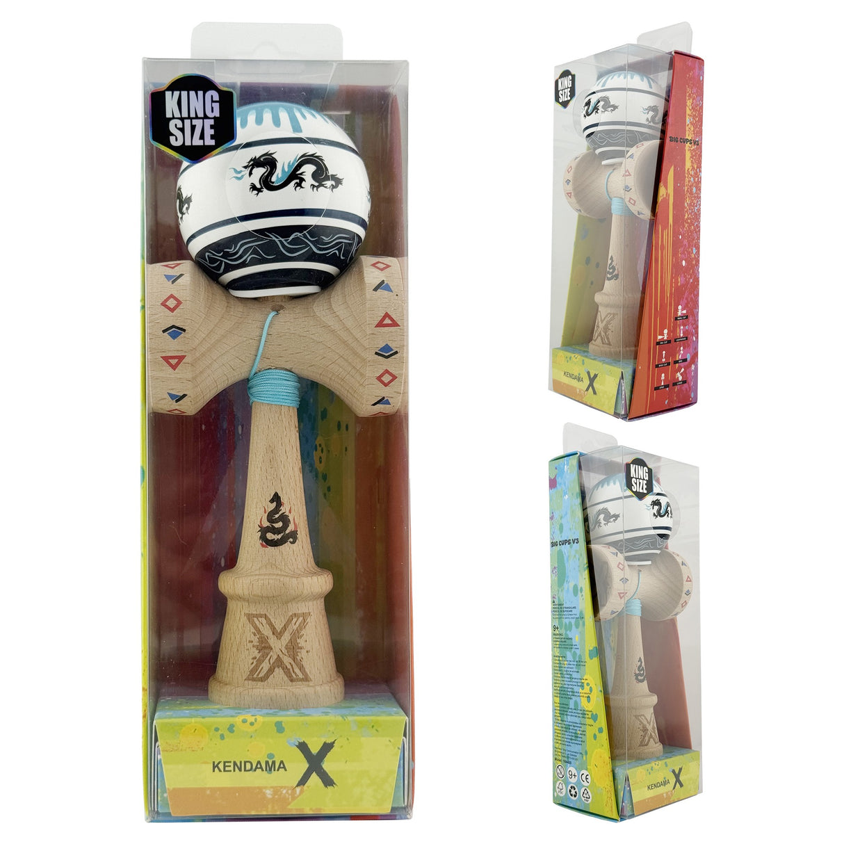 Kendama X Originala, Profesionala, Vivimall, DRAGON Series, Super Sticky cu Cupe Mari King Size V3, Rulment Metalic si Gaura in Baza, din Lemn 18 cm, Ata 55 cm, Albastru/Negru - vivimall.ro