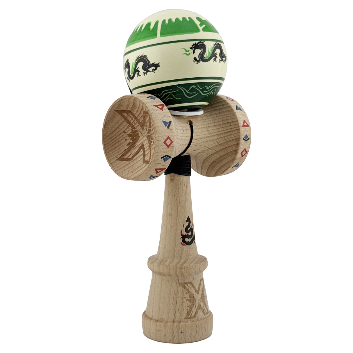Kendama X Originala, Profesionala, Vivimall, DRAGON Series, Super Sticky cu Cupe Mari King Size V3, Rulment Metalic si Gaura in Baza, din Lemn 18 cm, Ata 55 cm, Verde deschis/Negru - vivimall.ro