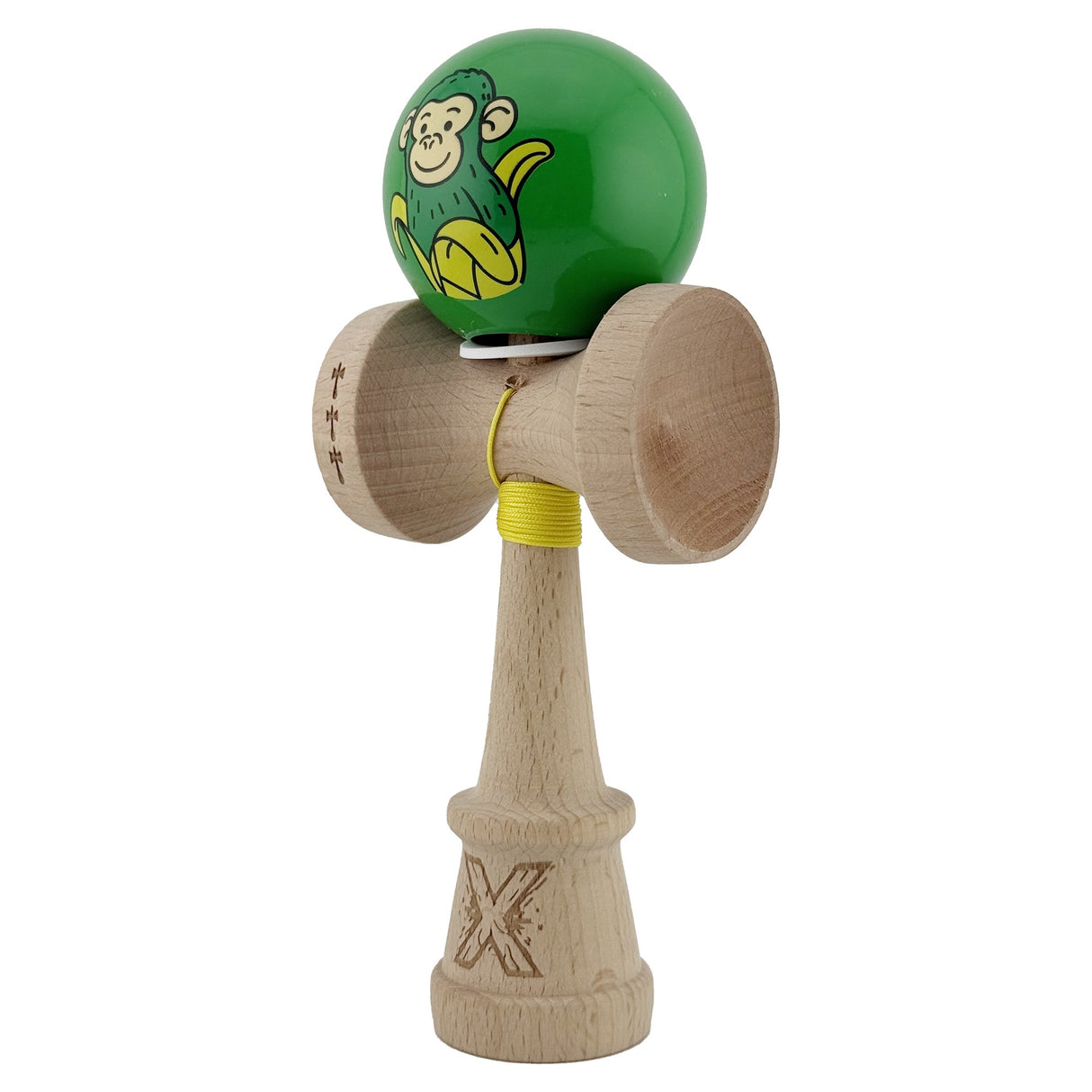 Kendama X Originala, Profesionala, Vivimall, Green Monkey, Super Sticky cu Cupe Mari King Size V3, Rulment Metalic si Gaura in Baza, din Lemn 18 cm, Ata 55 cm, Verde - vivimall.ro