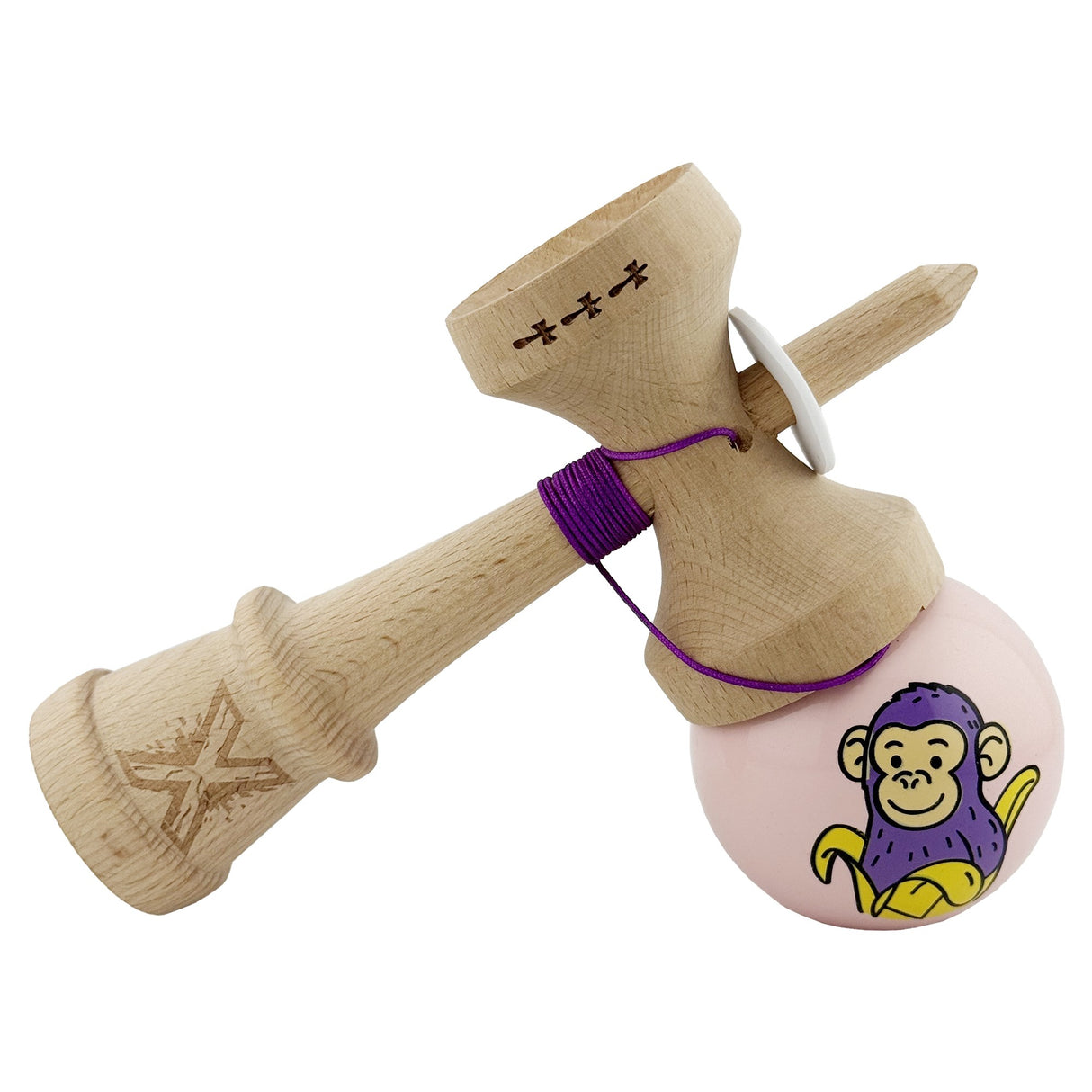 Kendama X Originala, Profesionala, Vivimall, Violet Monkey, Super Sticky cu Cupe Mari King Size V3, Rulment Metalic si Gaura in Baza, din Lemn 18 cm, Ata 55 cm, Roz - vivimall.ro