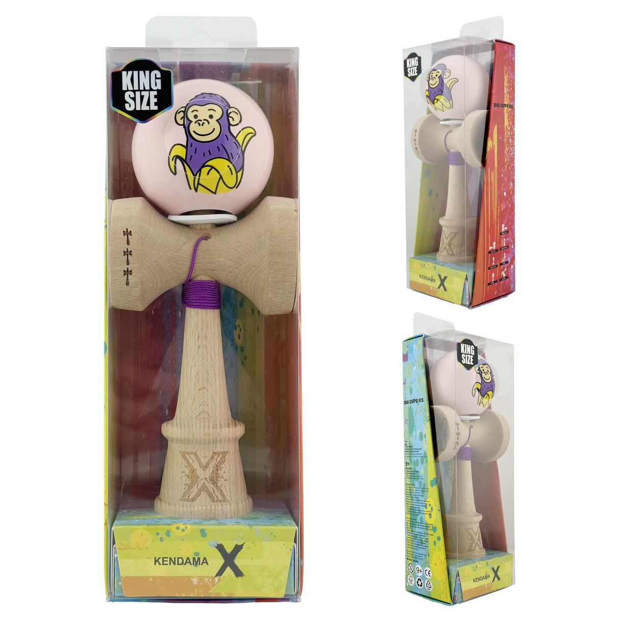 Kendama X Originala, Profesionala, Vivimall, Violet Monkey, Super Sticky cu Cupe Mari King Size V3, Rulment Metalic si Gaura in Baza, din Lemn 18 cm, Ata 55 cm, Roz - vivimall.ro