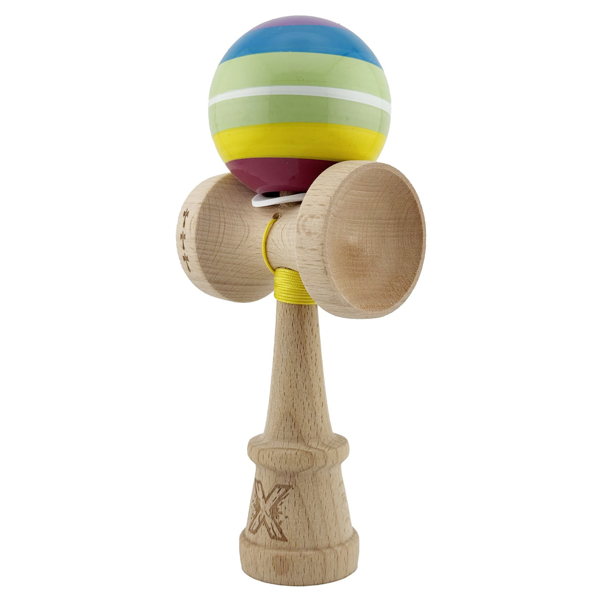 Kendama originală din lemn cu rulment metalic și gaură în bază, model Spectrum V3, vedere laterală