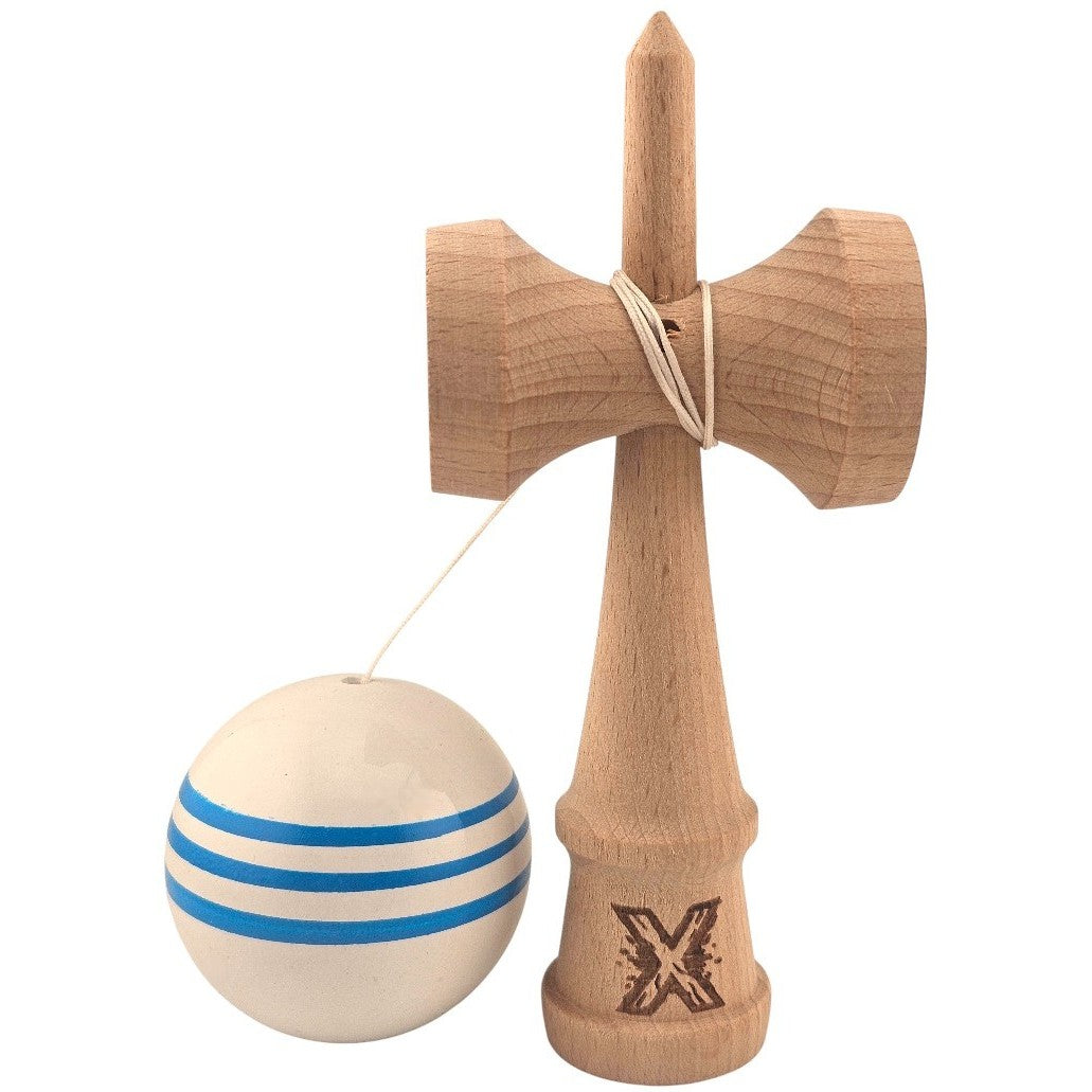 Kendama X Originala, Profesionala, Flippy, Original Super Sticky, din Lemn, 18 cm, Dark Alb/Albastru - vivimall.ro