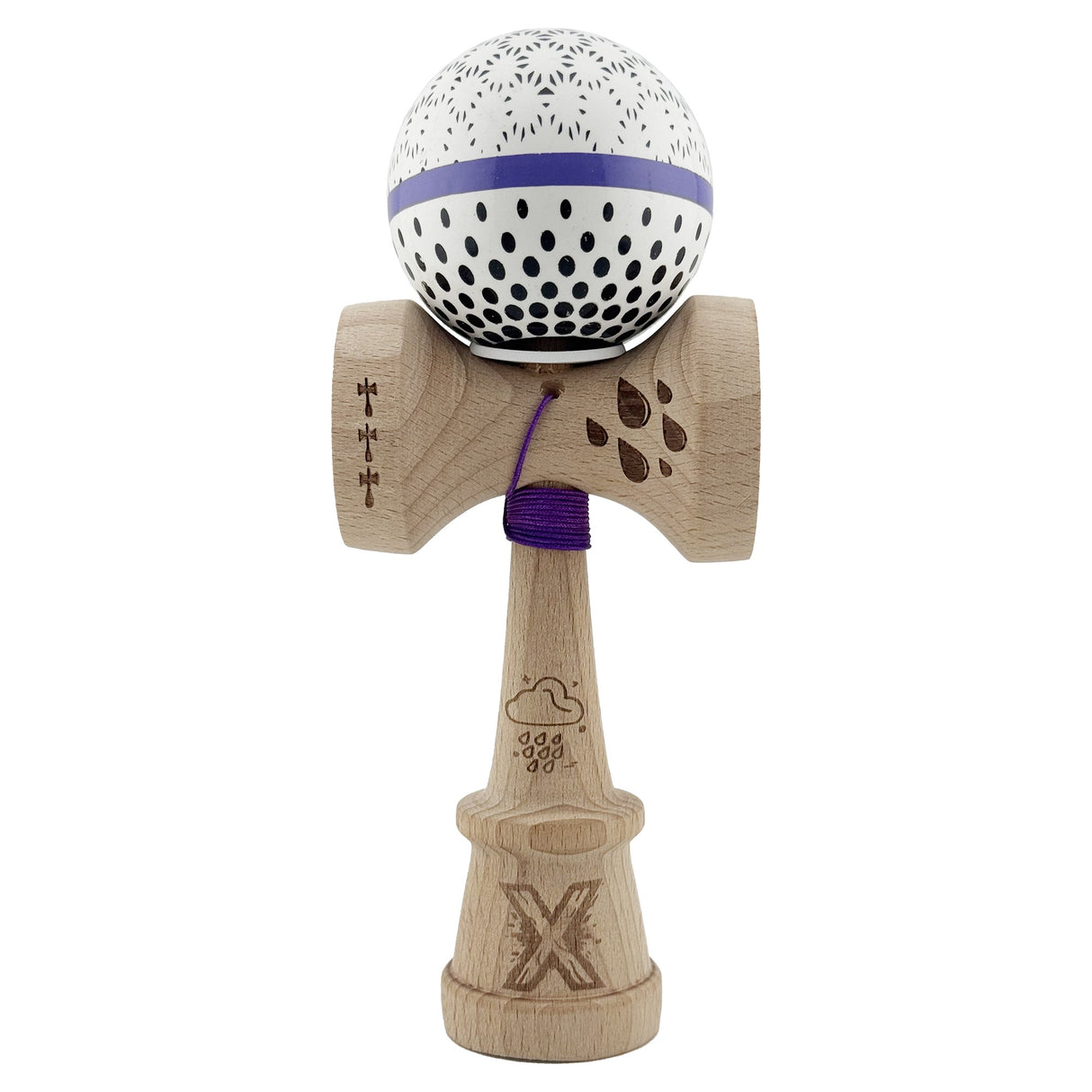 Kendama X Originala, Profesionala, Vivimall, RAINDROPS, Super Sticky cu Cupe Mari KING SIZE V3, Gaura in Baza, Rulment Metalic, din lemn 18 cm, Ata 62/65 cm, Alb/Albastru - vivimall.ro