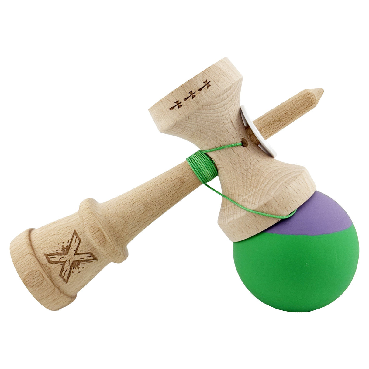 Kendama X Originala, Profesionala, Vivimall, Rubber Grip, Cupe Mari KING SIZE V3, Gaura in Baza, Rulment Metalic, din lemn 18 cm, Ata 55 cm, Bicolor Mov/Verde - vivimall.ro
