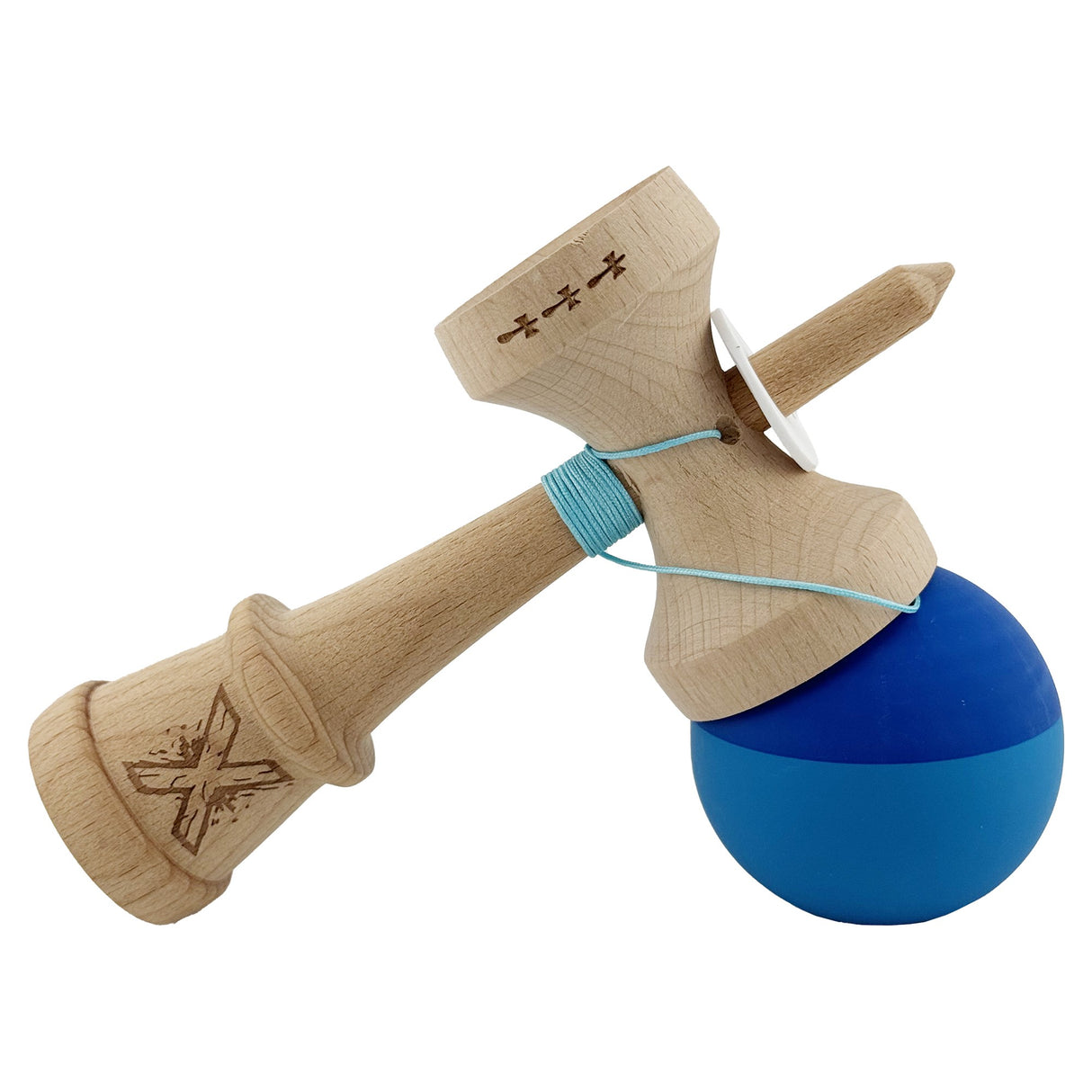 Kendama X Originala, Profesionala, Vivimall, Rubber Grip, Cupe Mari KING SIZE V3, Gaura in Baza, Rulment Metalic, din lemn 18 cm, Ata 55 cm, Bicolor Albastru/Albastru deschis - vivimall.ro