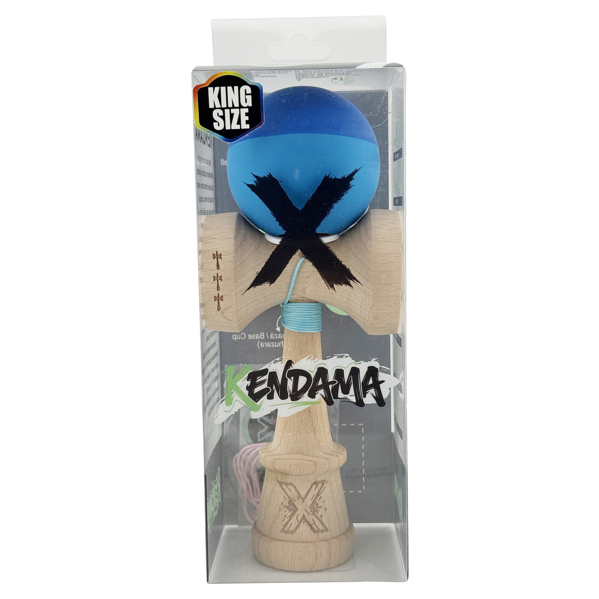 Kendama X Originala, Profesionala, Vivimall, Rubber Grip, Cupe Mari KING SIZE V3, Gaura in Baza, Rulment Metalic, din lemn 18 cm, Ata 55 cm, Bicolor Albastru/Albastru deschis - vivimall.ro